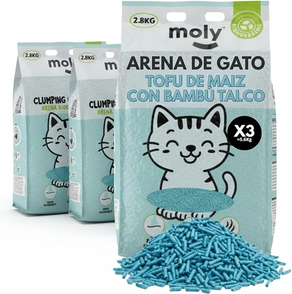 MOLY x3 Arena de Gatos Tofu de Maiz y Bambu 8,4 KG 11,1 L | Arena Biodegradable y Aglomerante Alta Absorcion con Aroma de Talco | Control Total de Olores | Sin Polvo | Lecho Mineral - 1