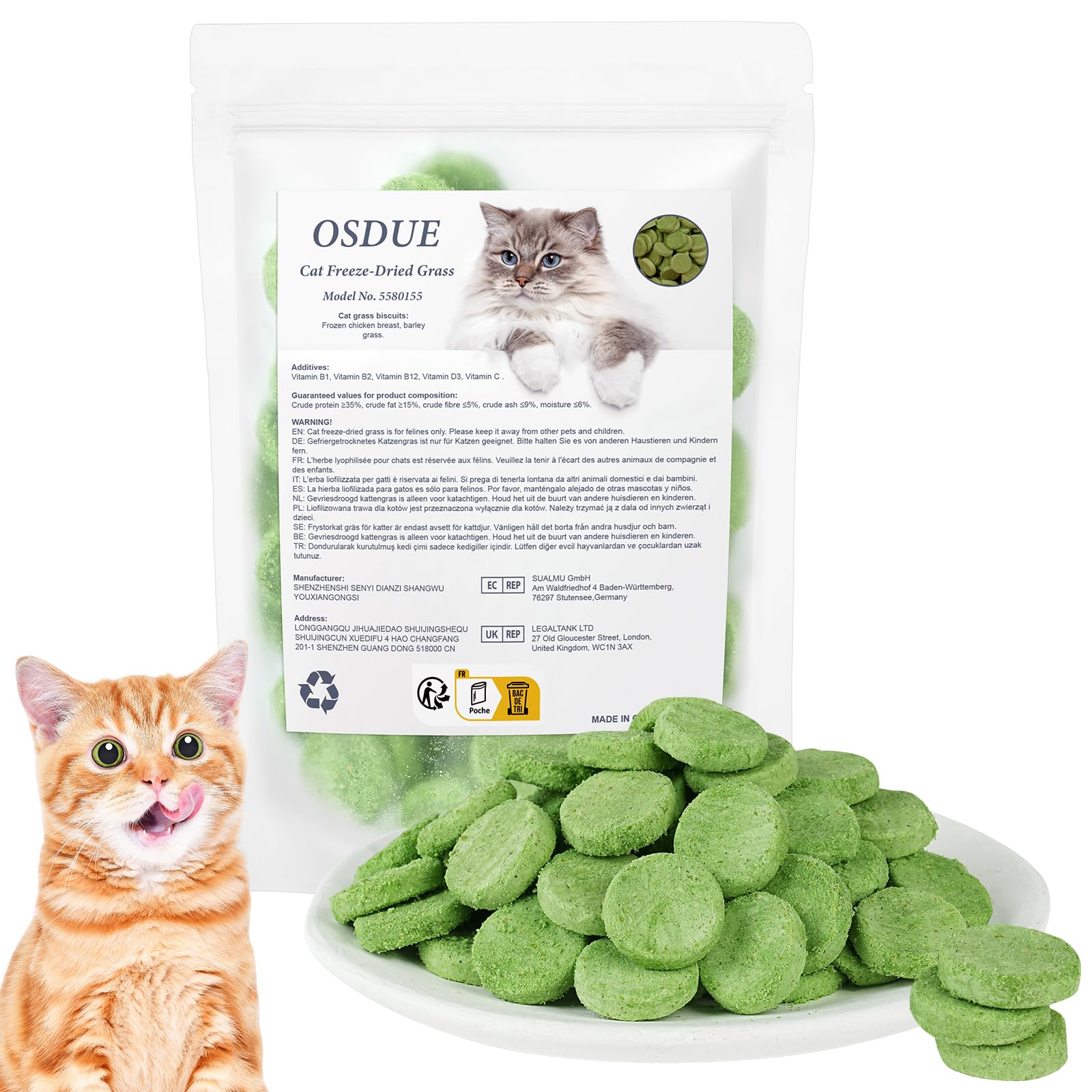OSDUE Cat Grass Treats, 100g Freezed Dried Cat Grass Treats, Natural Healthy Snack, Natural Oral Cleaning for Increase Appetite, Hairball Removal, Grain Free