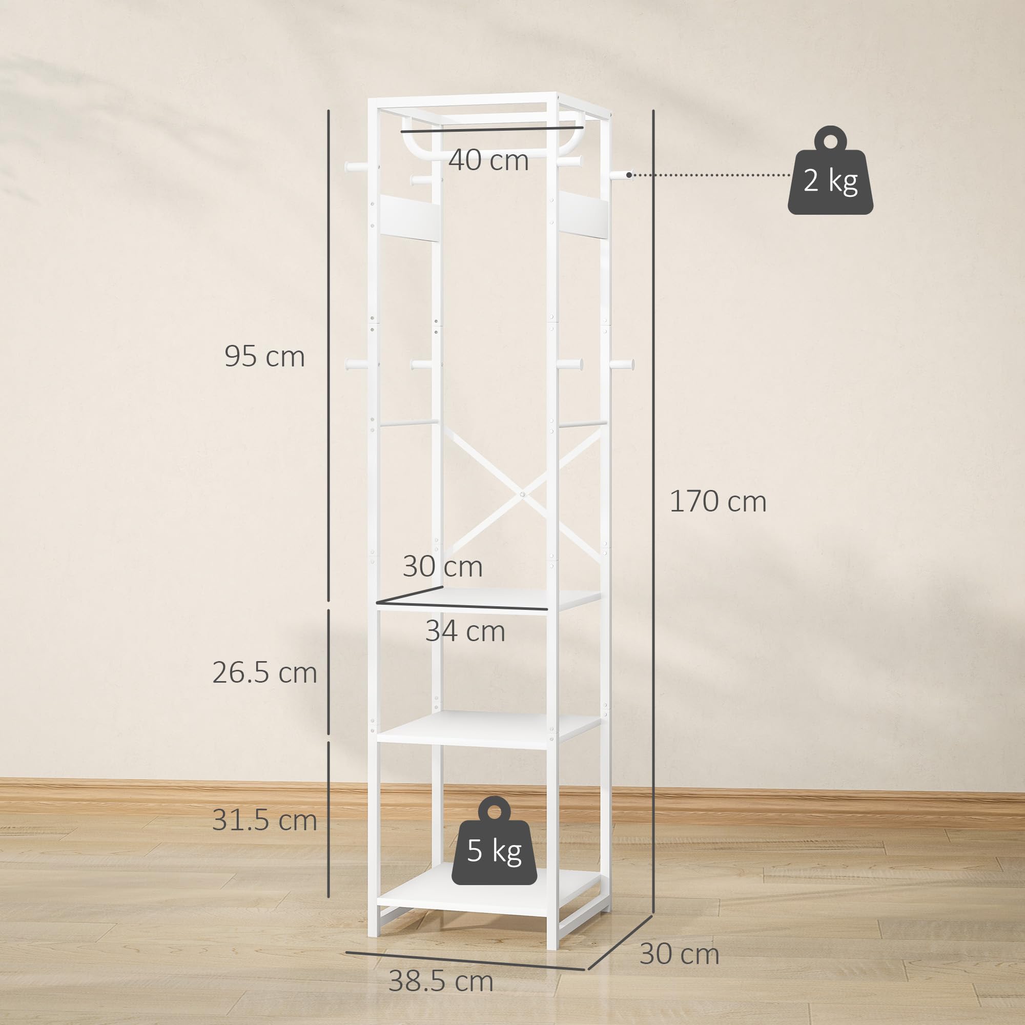 HOMCOM Appendiabiti da Terra con 3 Ripiani Aperti e Asta, Mobile Appendiabiti in Acciaio e MDF per Camera da Letto e Ingresso, 38.5x30x170 cm, Bianco