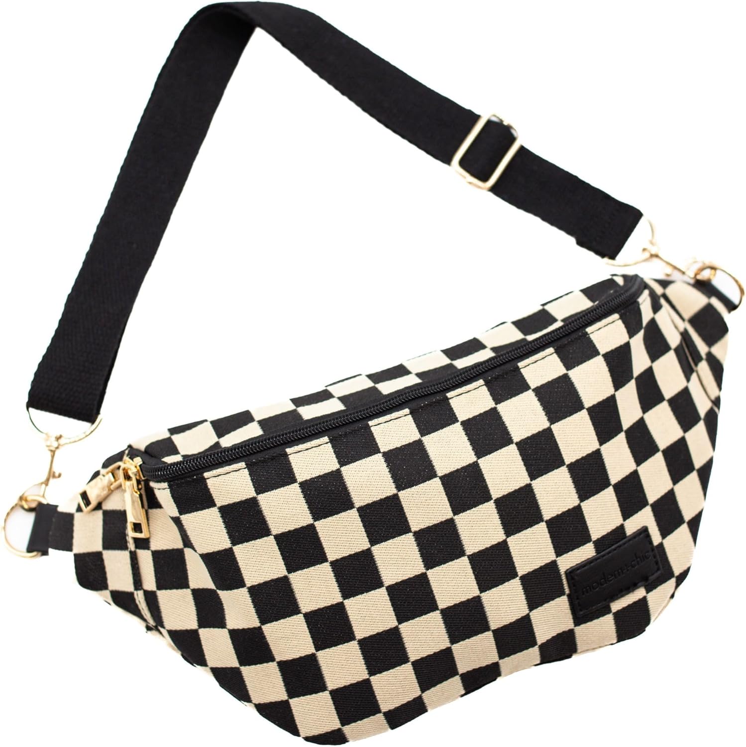 Modern+Chic Belt Bags for Women: Avril Patterned Oversized Checkered Fanny Pack, Canvas Belt Bag for Women with Strap & Multiple Pockets (Checkmate)