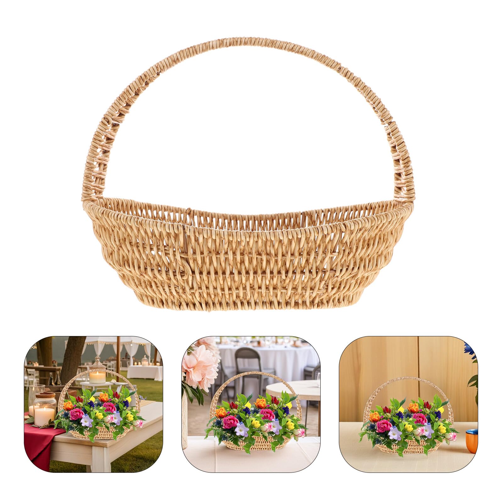 Cesto di Fiori in Imitazione Rattan con Manico, Plastico | Ferro, per Greenery e Fiori, Living Rooms e Wedding Party Favor, Stile Rustico Raffinato Farmhouse