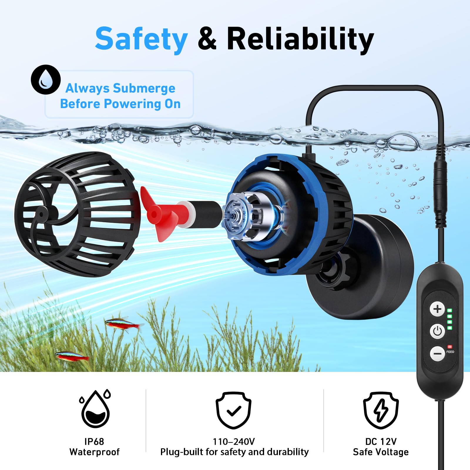 AQQA Pompa magnetica per acquario con controller, flusso regolabile a 4 velocità, modalità di alimentazione, DC 12 V silenzioso, Powerhead sommergibile da 20 W, per 300-900 l