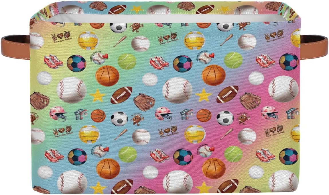 Small Storage Basket With Handles Kids Toy Sports Ball Rainbow Storage Bins Collapsible Fabric Cube Storage Organizer Hamper for Nursery Living Room Bedroom Shelves Clothes Toy Box Gifts