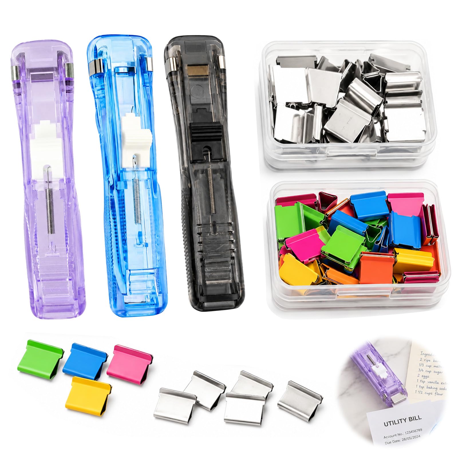 3 PCS Staple Free Clip Binder Set with 100 Reusable Mixed Color Push Clips