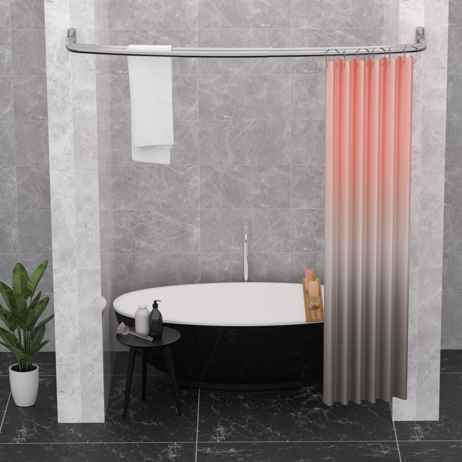Double Curved Shower Rod, Metal Construction, Adjustable Between 44"- 70"-Silver