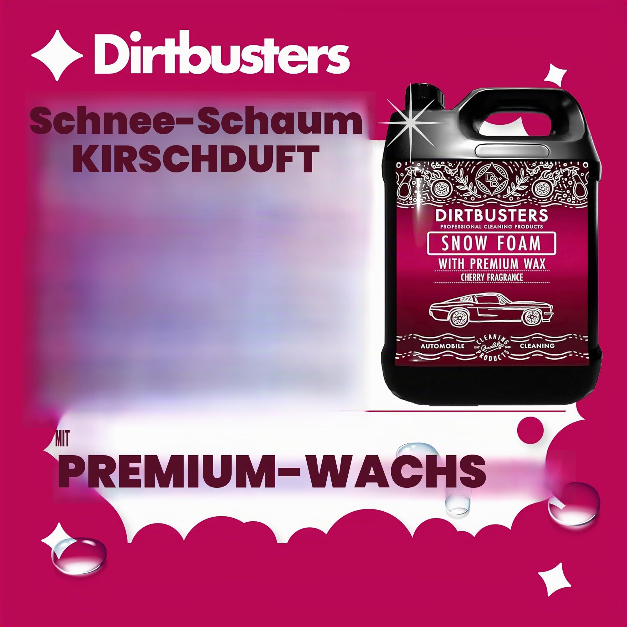 Dirtbusters Snow Foam Shampoo Autopflegereiniger, 5 Liter | Reinigungsschaum, Professionell, Mit Hochglanzwachs, Süßkirschduft, Für professionelle Autowäsche