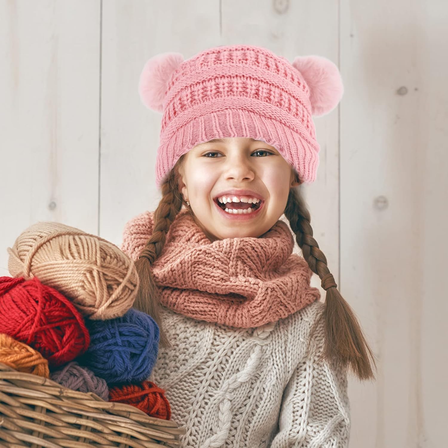 3 Pcs Kids Winter Knitted Beanie Hat Scarf Gloves Set Pompoms Knitted Beanie Mitten Scarves Fleece Lined for Toddler Girl Boy - Image 5