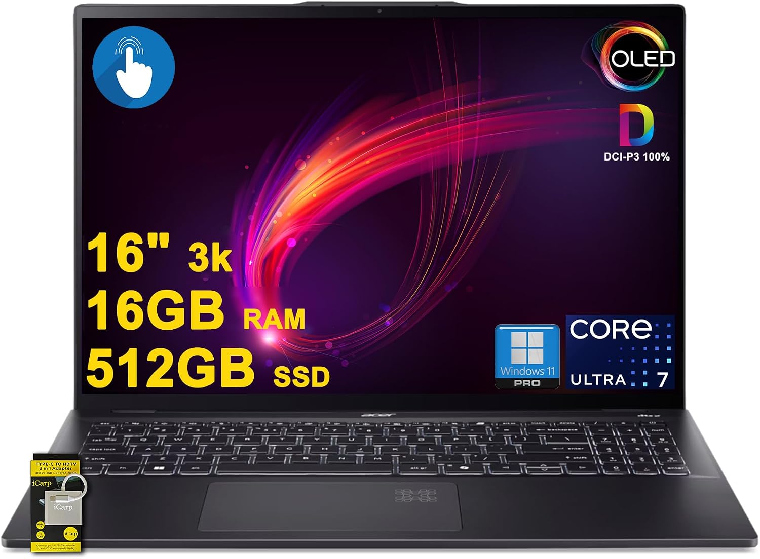 Swift 16 AI Laptop 16" 3k OLED Touch 100% DCI-P3 Intel 8-core Ultra 7 Series 2 256V (Up to 47 Tops) 16GB DDR5 512GB SSD for Creator Designer Business Professional Win11Pro ICP Acc