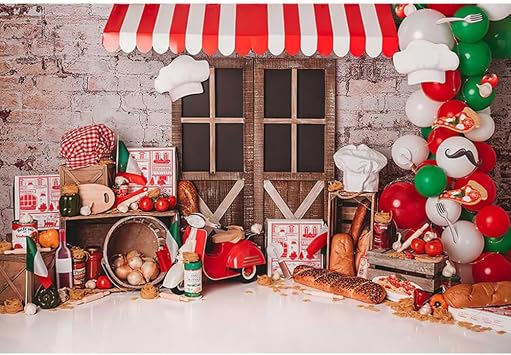 6x4ft Delicious Pizza Shop Food Chef Kitchen Bakery Photography Background Balloon Retro Brick Wall Family Party Photo Backdrop Newborn Shower Birthday Party Cake Smash Decoration Banner