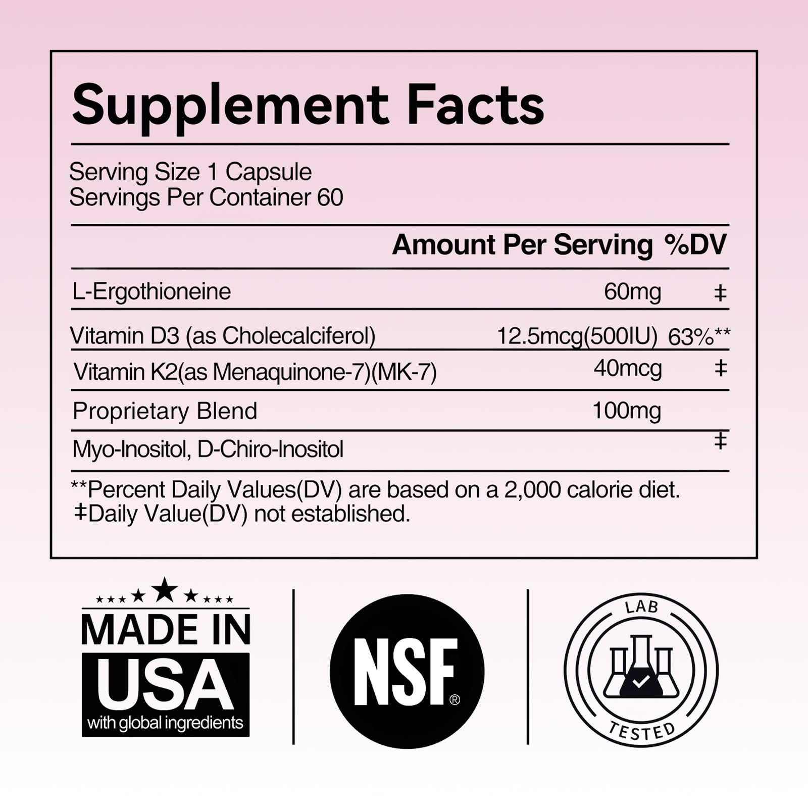 Women's Hormonal Health Supplement - 60mg L-Ergothioneine + Myo-Inositol, Vitamin D3 & K2 - Cycle Support, Sleep & Energy - Vegan, Non-GMO, 60 Count — Amazon image 3
