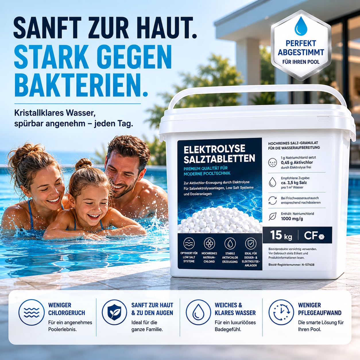 poolomio® Sel de piscine 15 kg - Tablettes de piscine de qualité supérieure pour installations d'électrolyse saline, systèmes Low Salt et systèmes de dosage automatique - Pour une production stable de