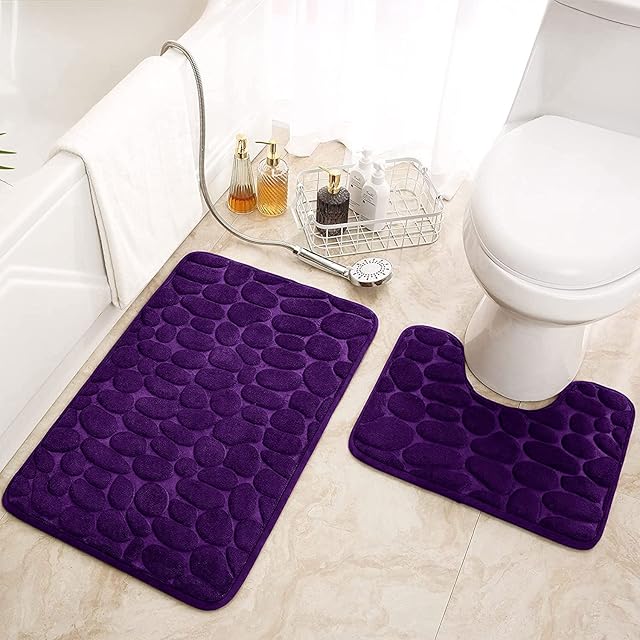 FAIRWAYUK Bathroom Mat Sets 2 Piece - Memory Foam Pedestal Set Non Slip, Super Soft Water Absorbent Toilet Bathroom Rug Sets, Microfibre Large Bathmat (Purple)