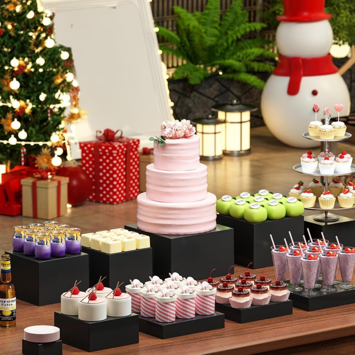 Black Acrylic Display Riser Stable Base Easy to Clean Buffet Food Pedestal for Caterers, Restaurant , 5-10 Inch 6-Piece