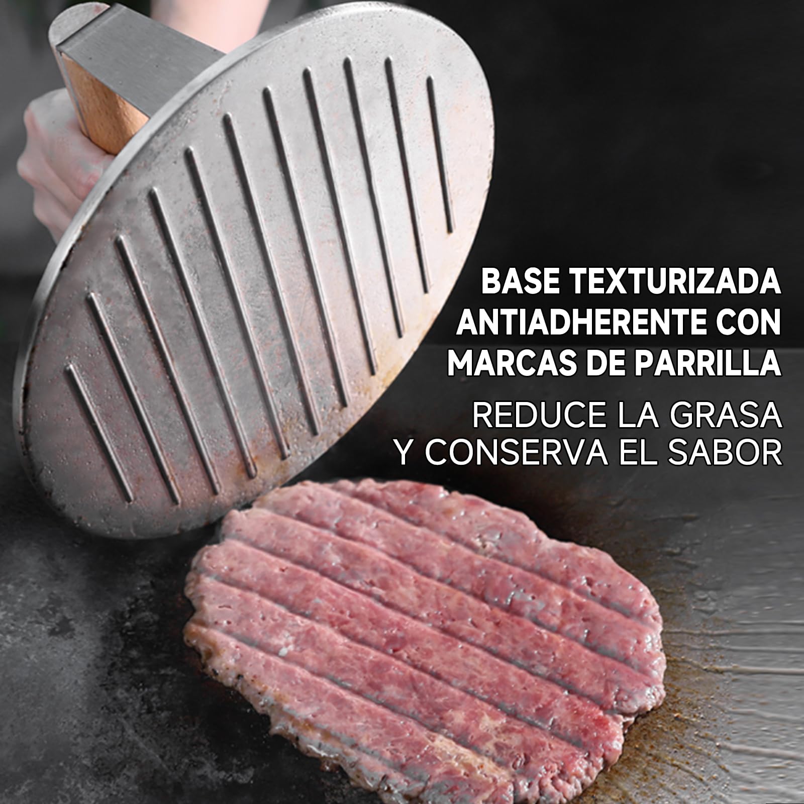 SKY FISH Prensa de hamburguesas Smash de acero inoxidable, 1650 g, prensa de parrilla de tocino y hamburguesas de alta resistencia con mango de madera, herramienta de prensa de barbacoa de 8.5