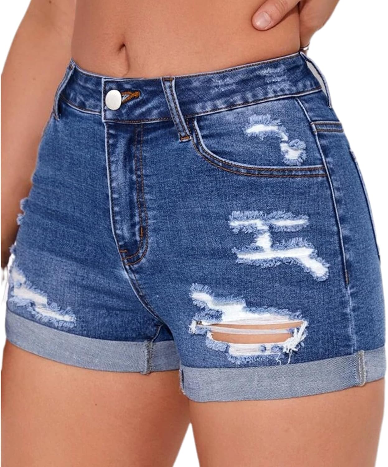 Women's Summer Mid Waist Ripped Stretchy Denim Shorts Folded Hem Distressed Jean Shorts - Image 5