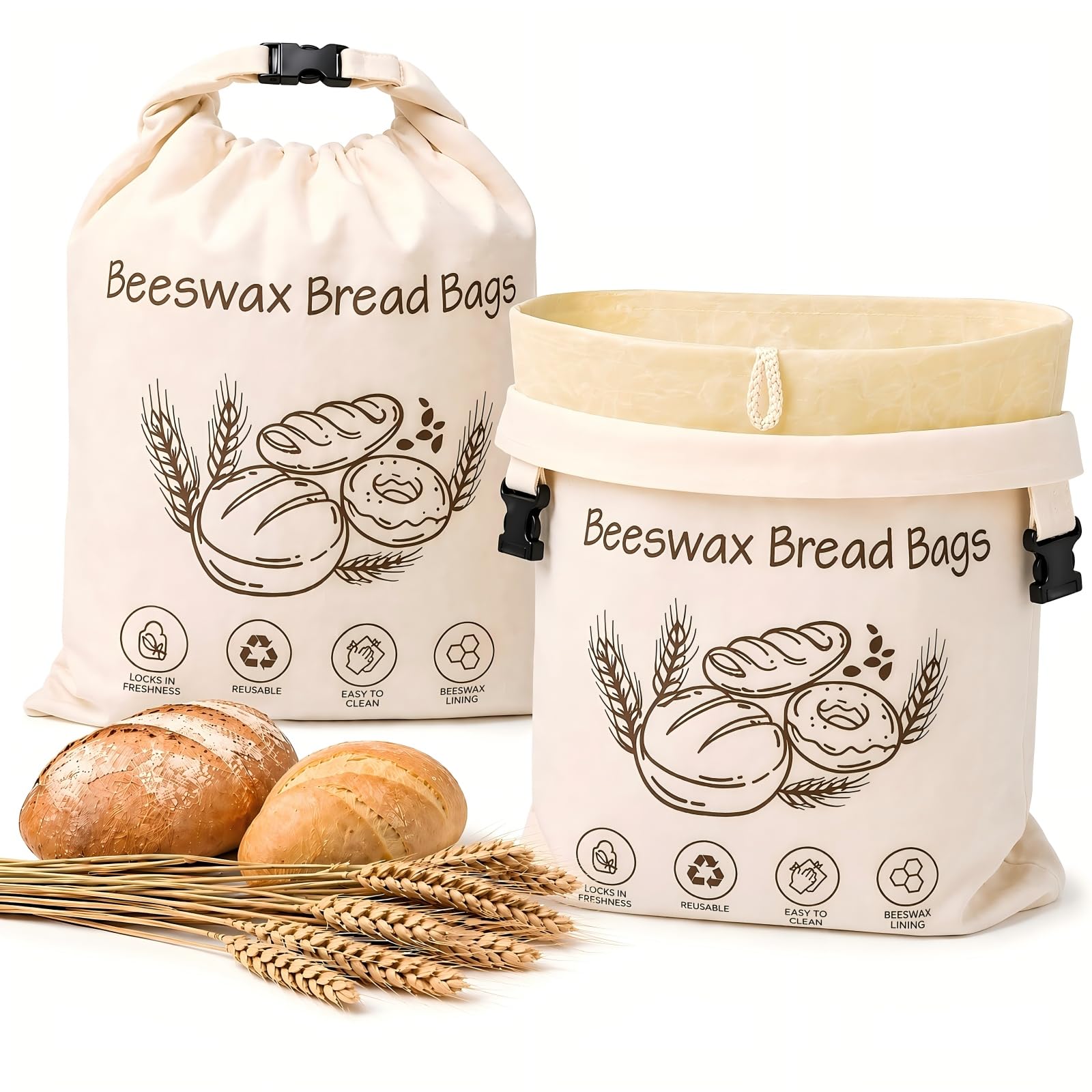 2 Pieces Bolsa de Pan de Cera de Abeja Reutilizables 33 X 43cm | Forro Desmontable Tela De Cera De Abeja, Con Asas, para Masa Madre y Bollería Casera, Productos de panadería