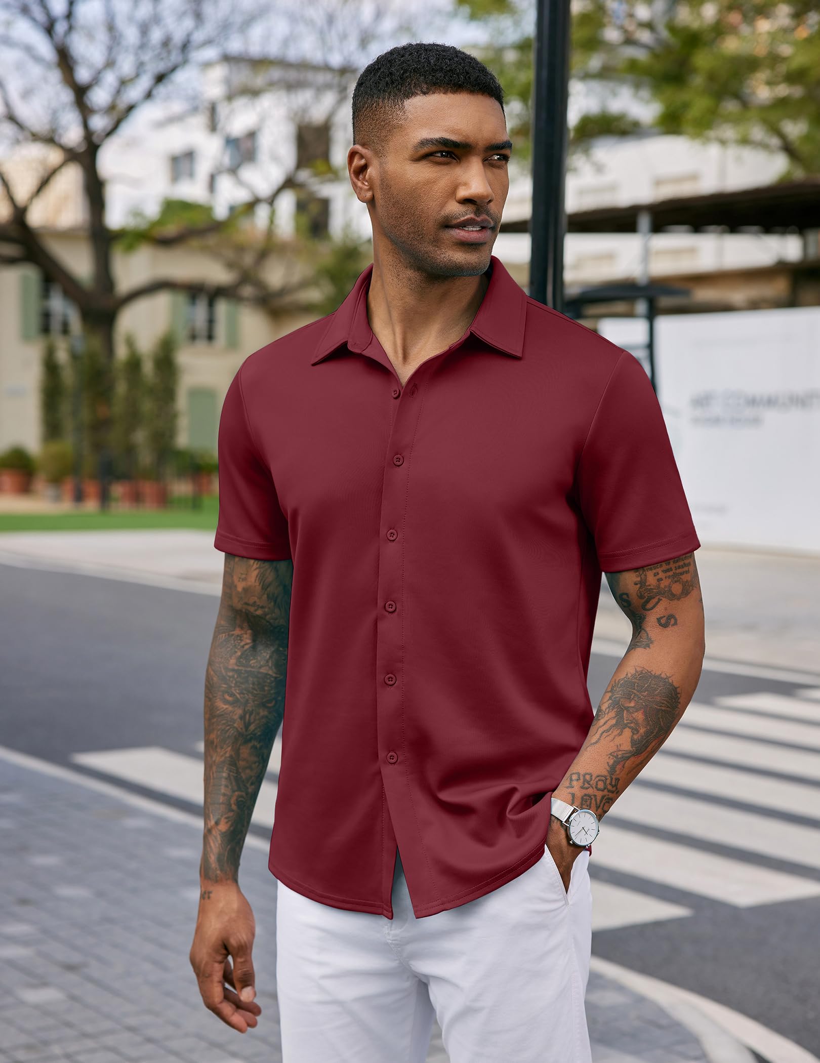 Coofandy Chemise décontractée sans Plis à Manches Courtes pour Homme - Chemise d'été Extensible