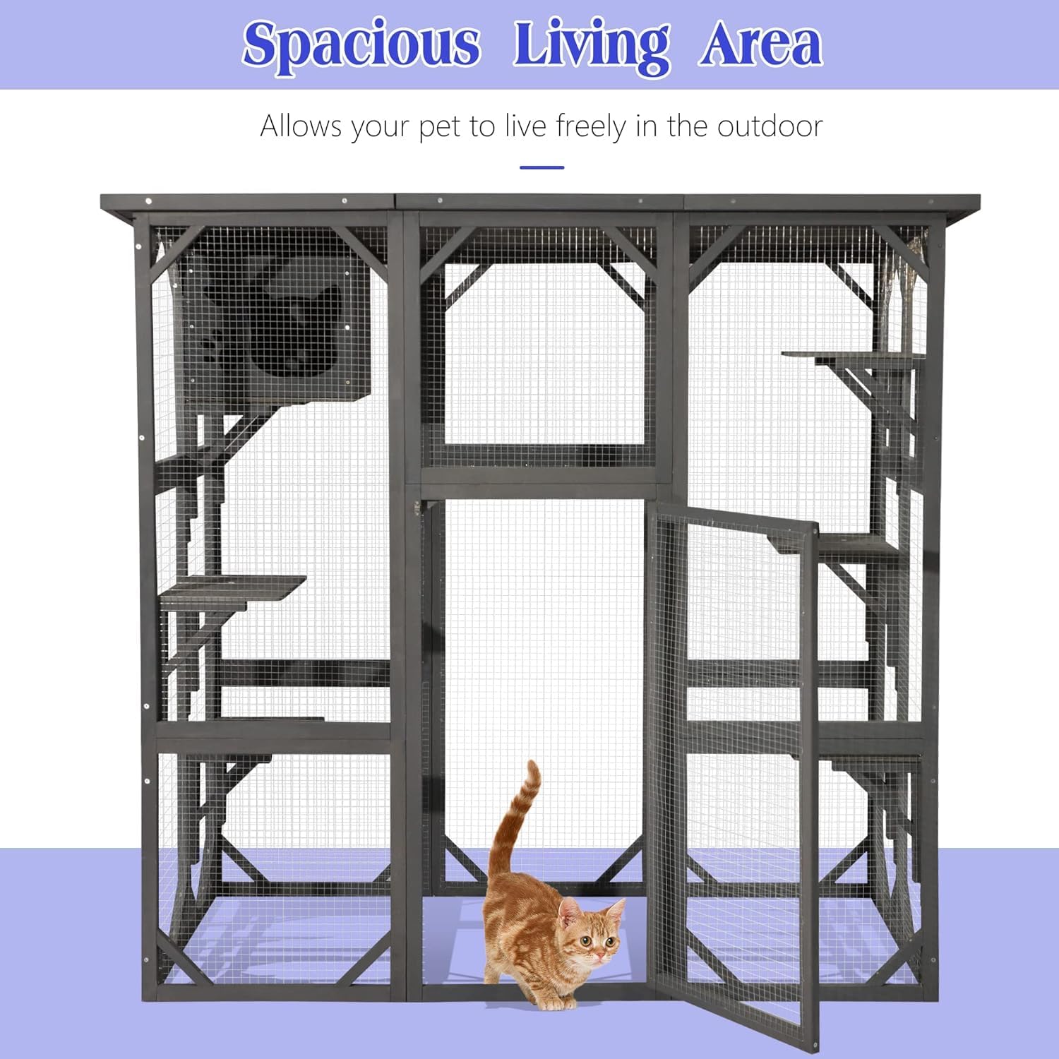 TITIMO Wooden Catio Outdoor Cat Enclosure, Large Wooden Outdoor Cat House with Small House, Cat Cage with 6 Platforms and Weather Protection (Gray)