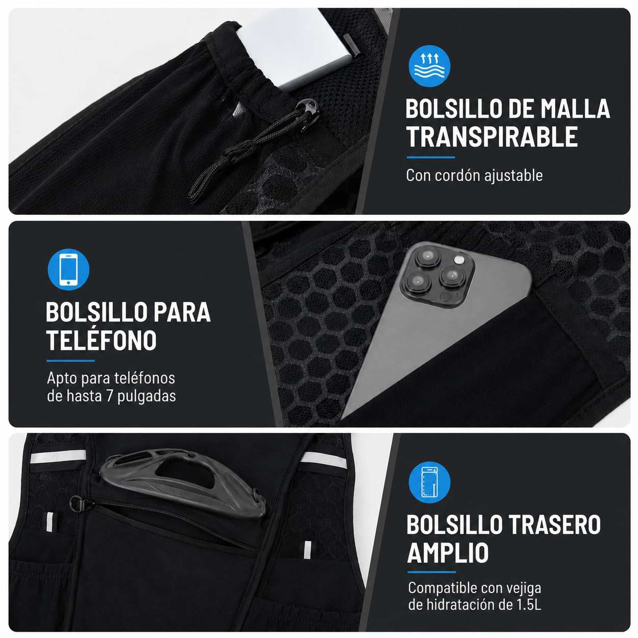 Chaleco Running Hombre Mujer con Botella 250 ml, Chaleco Hidratación Trail Running Ultraligero, Mochila Running Transpirable con Bolsillo para Móvil y Ajuste Reflectante para Correr