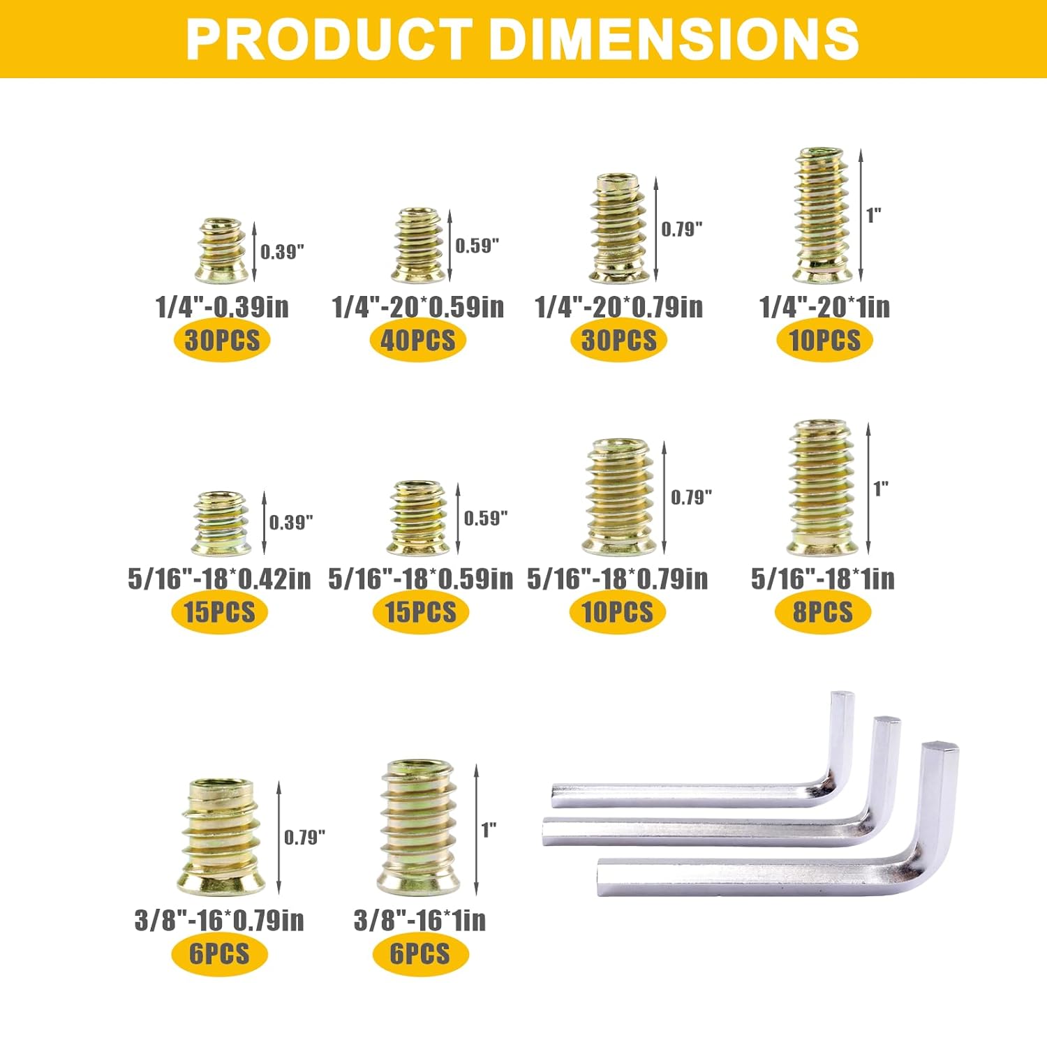 170 PCS Threaded Inserts for Wood Assortment Kit - 10 Sizes (1/4"-20, 5/16"-18, 3/8"-16) with M6/M8/M10 Hex Wrenches - Steel Inserts for Furniture Screws, Wood Furniture & Cabinet