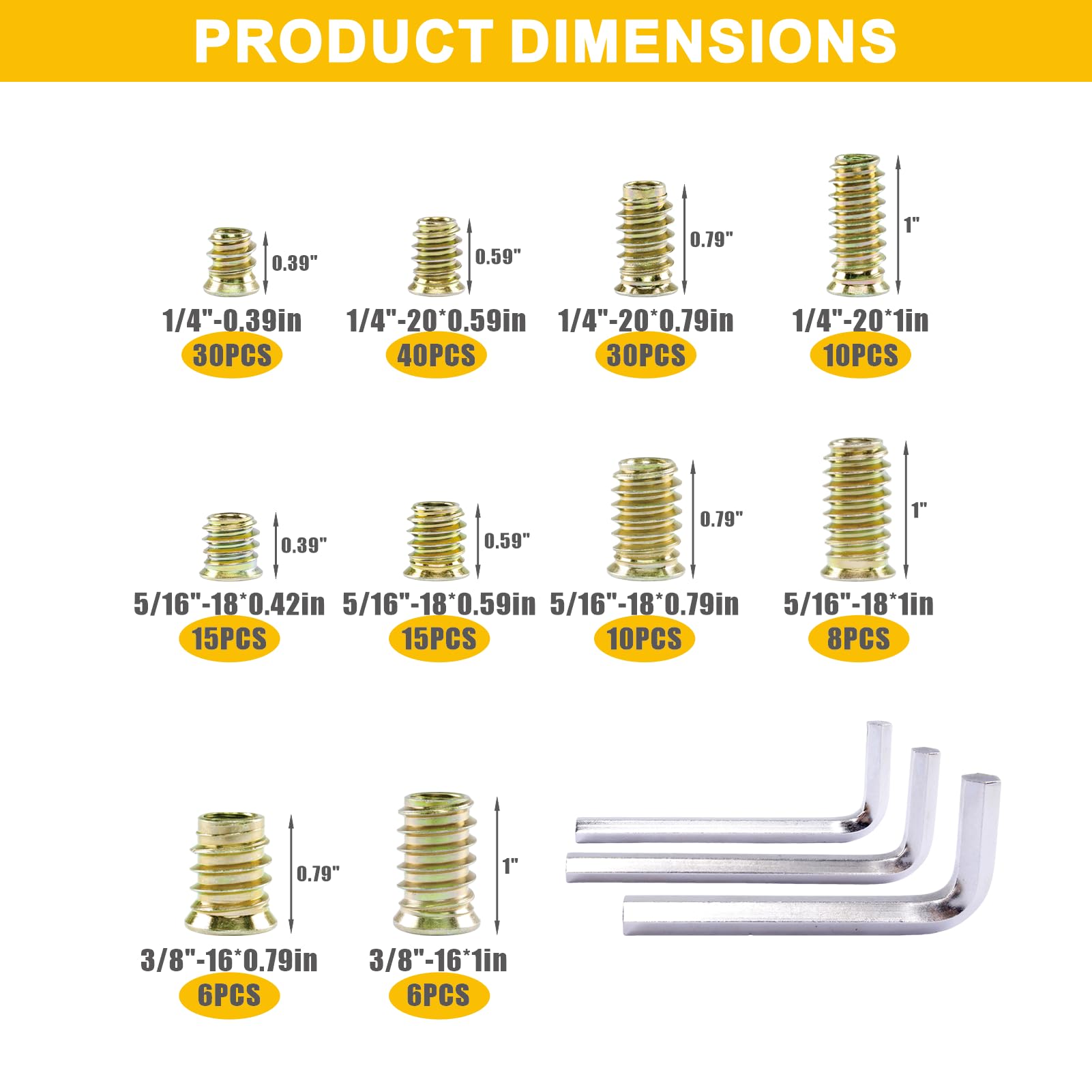 Threaded Inserts for Wood - 170 PCS Kit with Wrenches -2