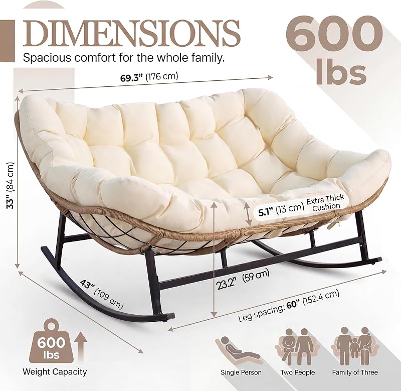 NICESOUL Oversized Double Rocking Papasan Chair with Thick Cushion, 2 Person Big Wicker Outdoor Comfy Recliner, Extra Large Heavy Duty Egg Loveseat for Patio, Balcony, Backyard, Garden, Beige image 2