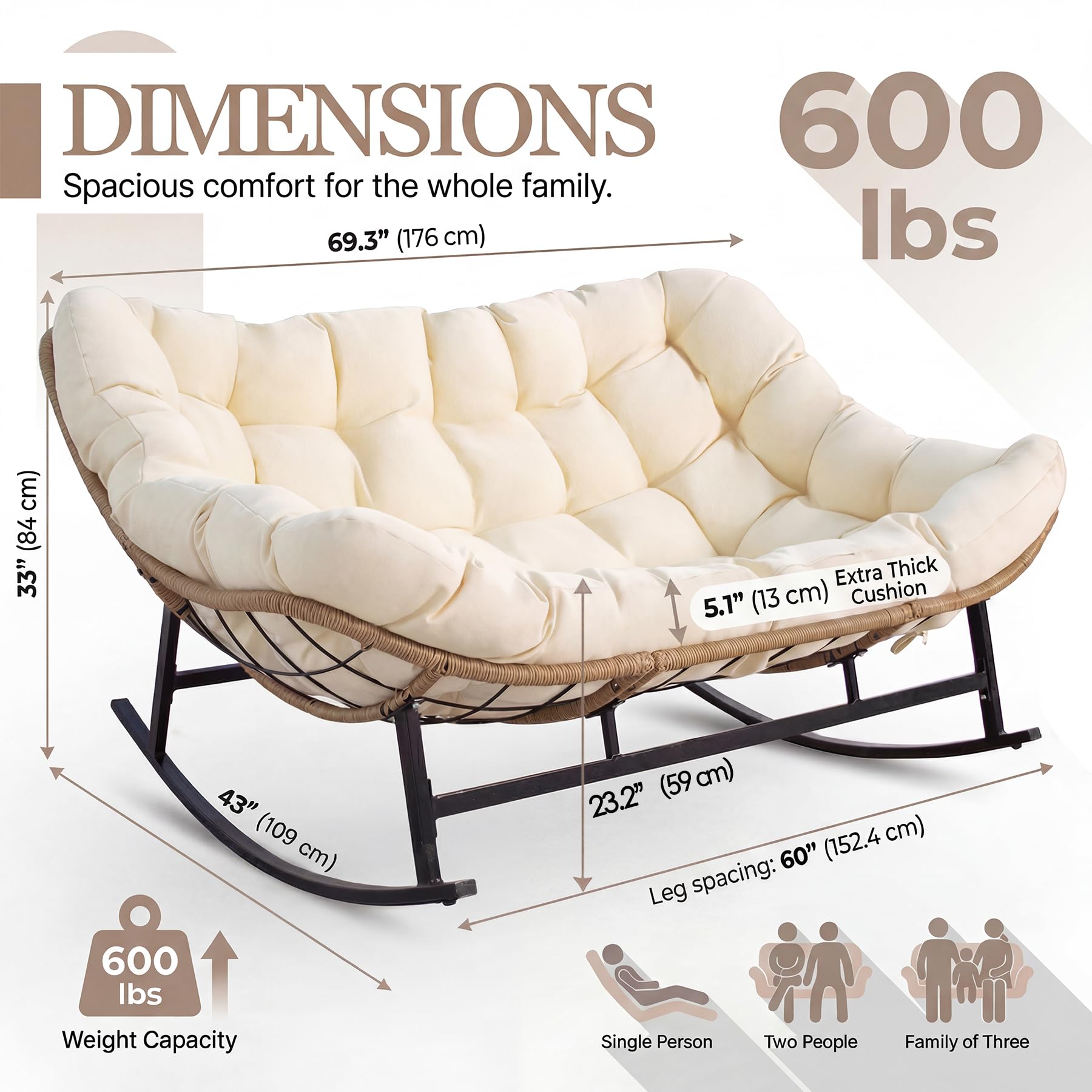 Condition photo showing New/Like New for nicesoul oversized double rocking papasan chair with thick cushion, 2 person big wicker outdoor comfy recliner, extra large heavy duty egg loveseat for patio, balcony, backyard, garden, beige