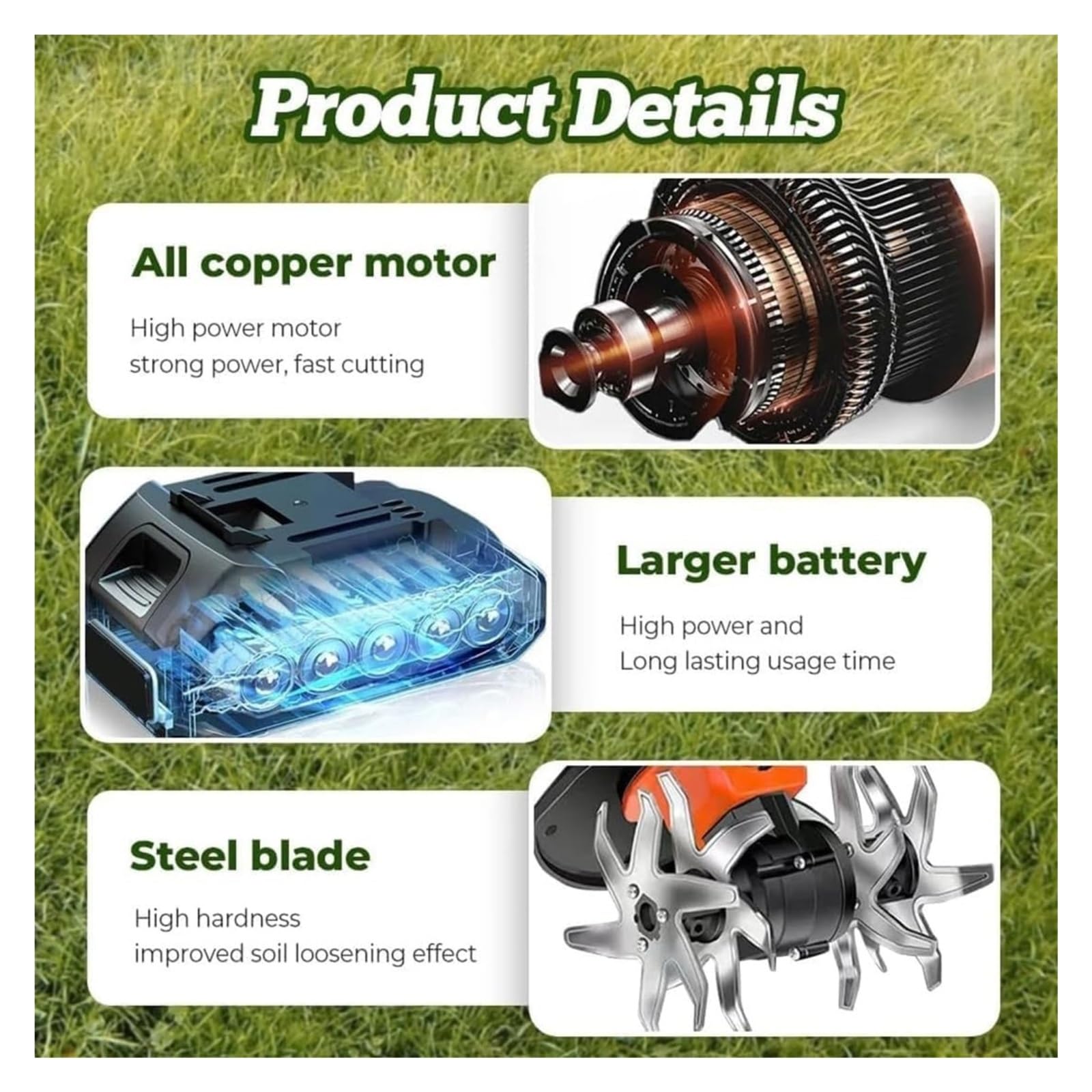 Genérico Cultivador de jardín inalámbrico con pértiga telescópica | Motocultor de mano for jardinería, motocultor ligero con mango ajustable for césped(No pole)