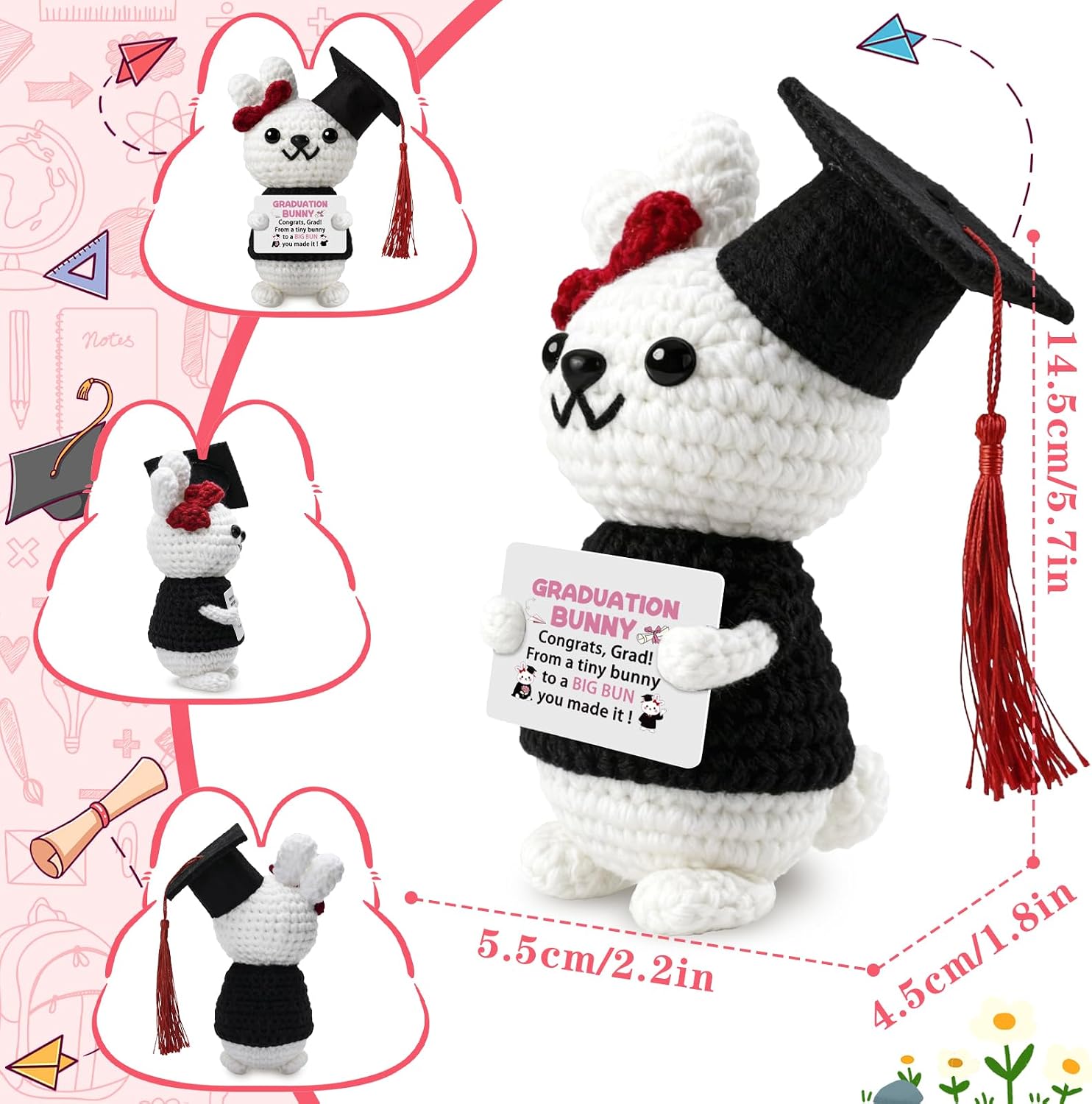 Kindergarten Graduation Gift for Her, Preschool Graduation Gifts, Handmade Crochet Bunny with Inspirational Card, Class of 2026 Cute Stuffed Animal Keepsake, Elementary Grad Gift Decoration