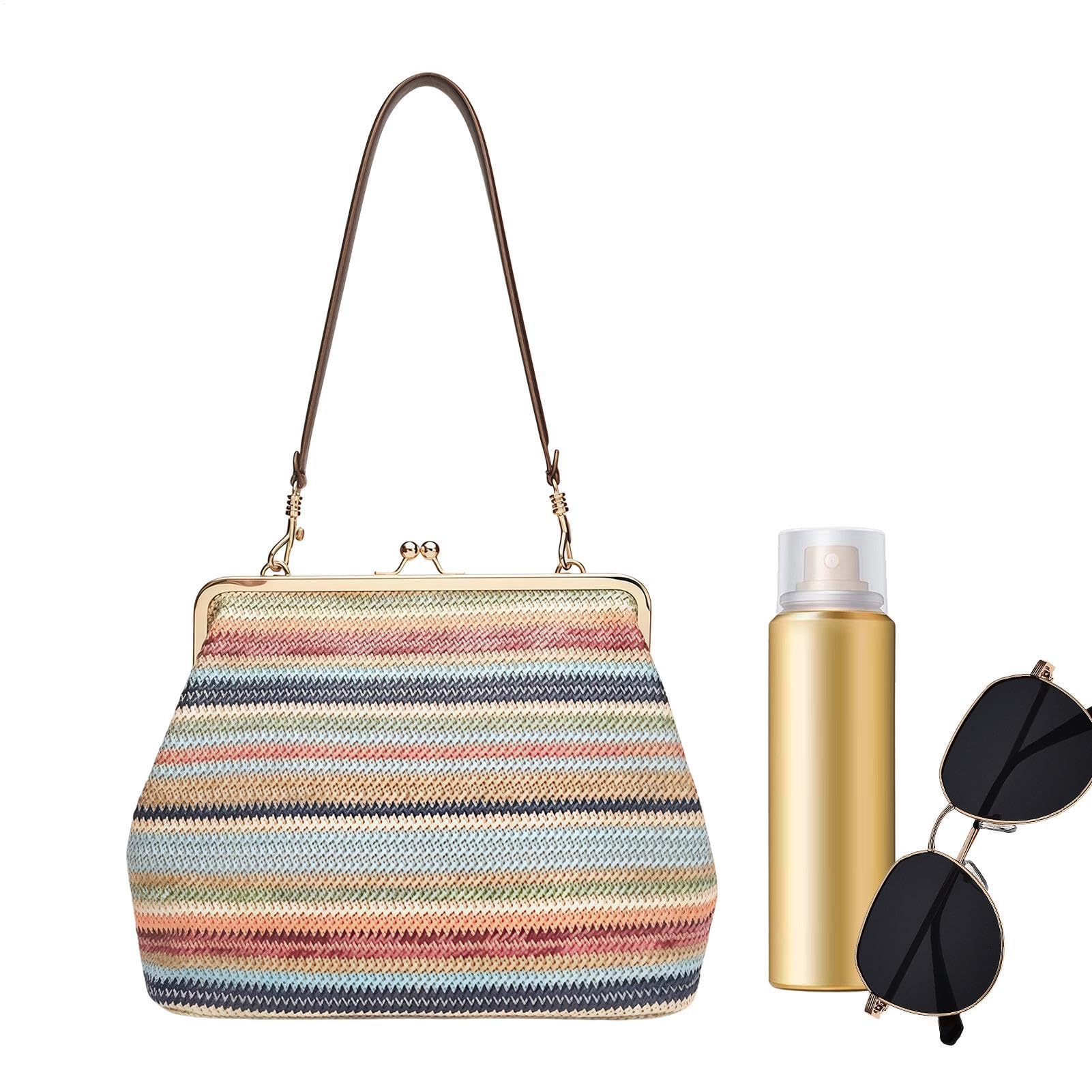 Bolsa de pajita – Bolsa grande con cierre de besos estilo vintage, pajita trenzada, para verano, primavera, vacaciones, trabajo, universidad, fiestas, compras, sala