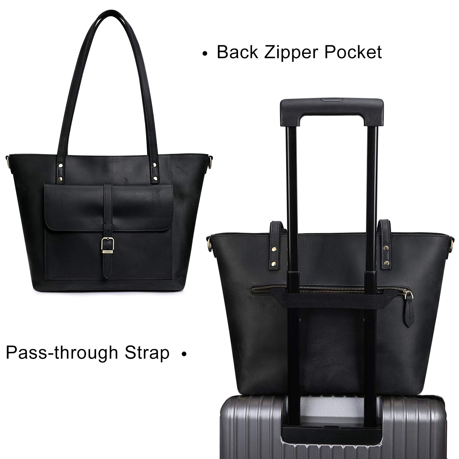 S-ZONE Bolso de mano de cuero genuino vintage para mujer, bolso de hombro grande, bolso de trabajo, Negro -, L, Clásico, vintage