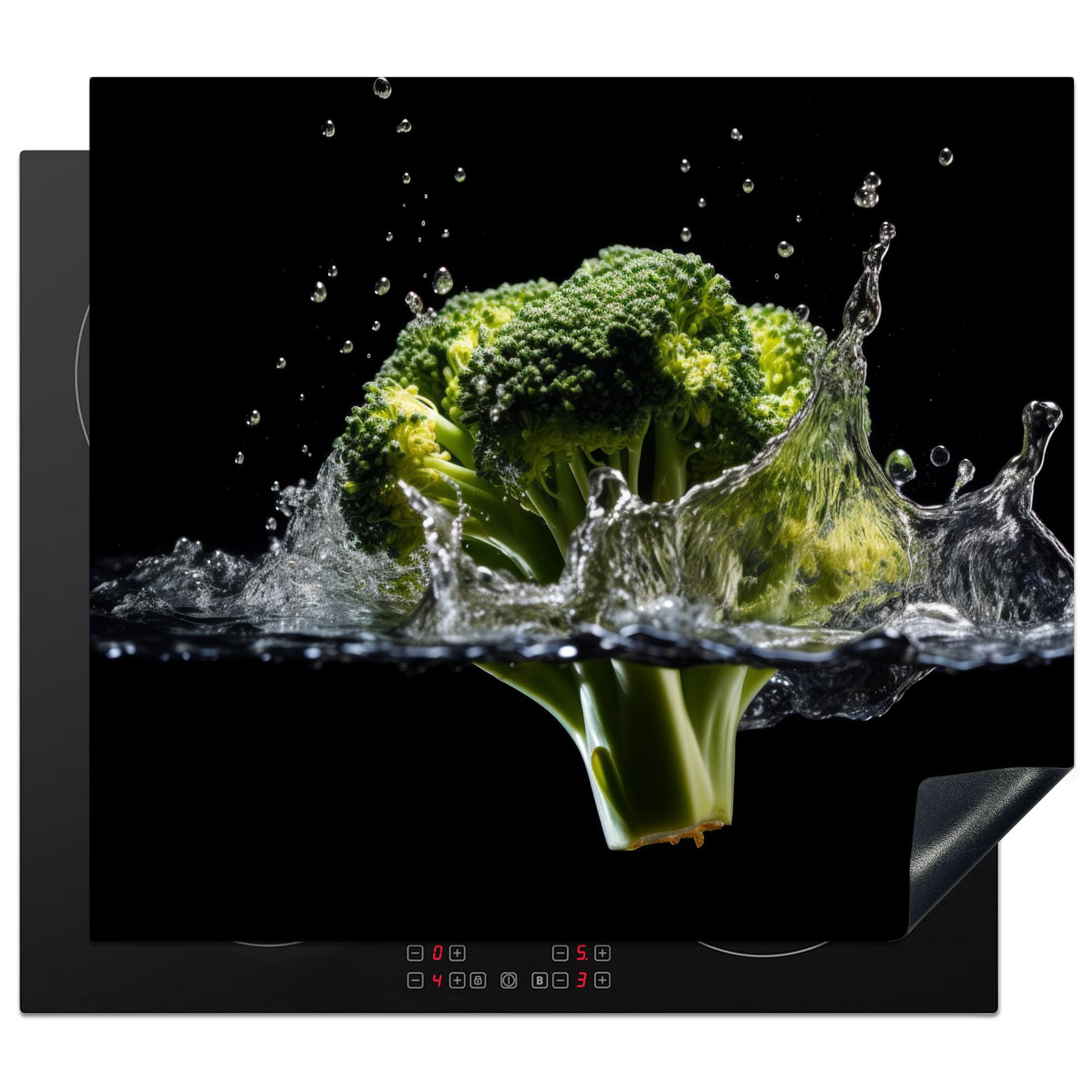 KitchenYeah© Herdabdeckplatte Einteilig Ceranfeld Abdeckplatte für Induktionsschutz Ceranfeldabdeckung Vinyl Herdabdeckplatten Brokkoli - Grün - Wasser - Schwarz - 59x51 cm