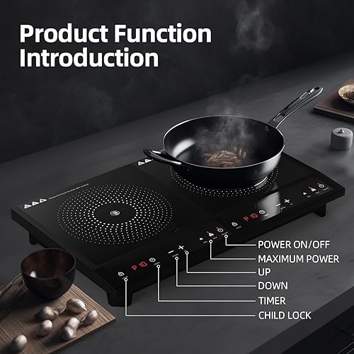Miniatura 2 de Cocina de inducción doble, cocina de inducción portátil con control independiente de 2 quemadores, cuerpo ultrafino, 10 temperaturas, 1800 W