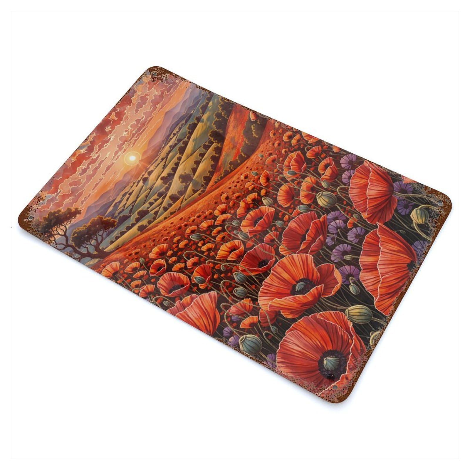 Poppy Field Sunset Aged Metal Wall Plaque 11.8"x7.9", Farmhouse Wall Decor for Office, Studio And Wall Decor