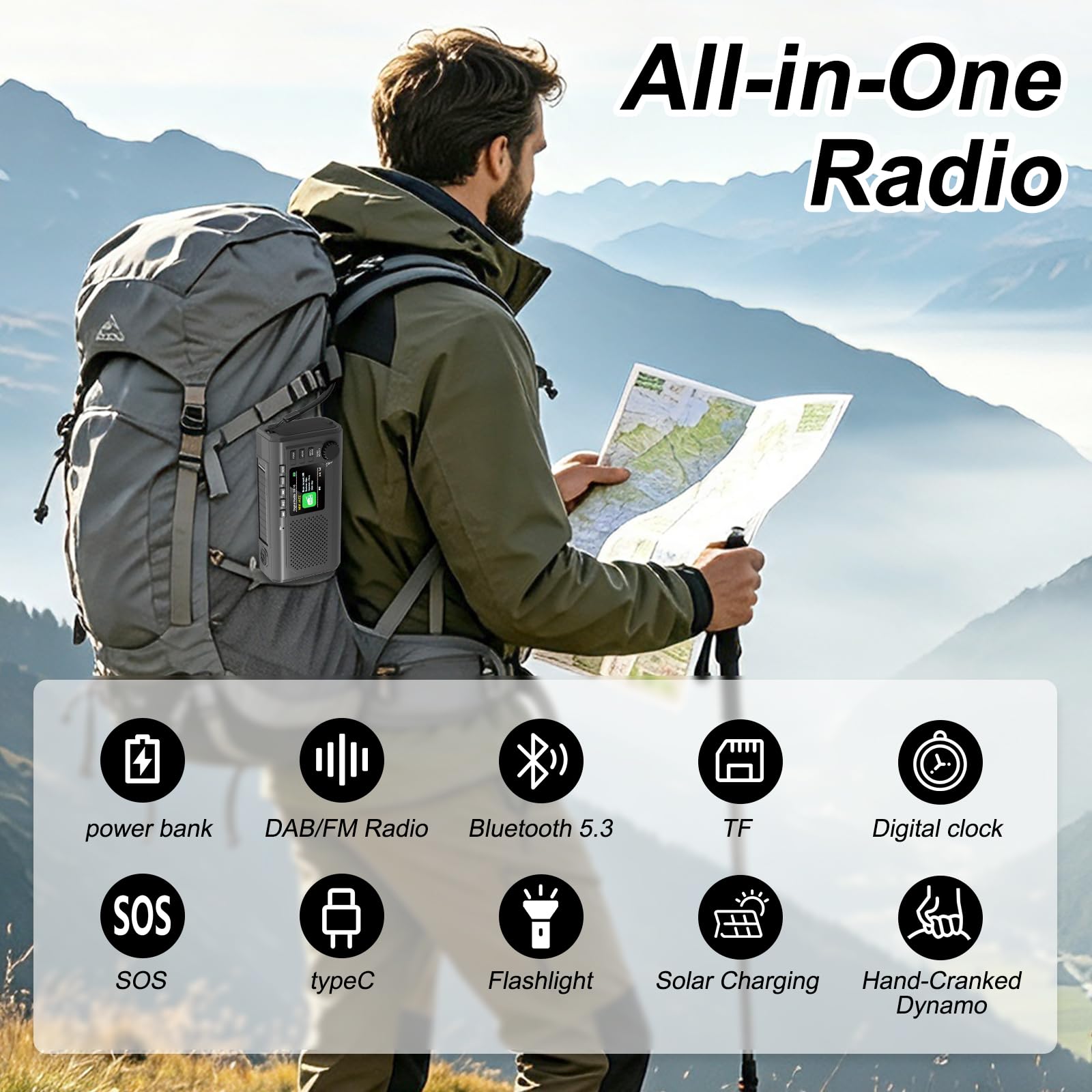 Radio di emergenza DAB+/FM con manovella, ricarica solare e USB, Bluetooth 5.3, radio a manovella con batteria da 2000 mAh, power bank, allarme SOS, lampada da lettura, sveglia, scheda TF per esterni
