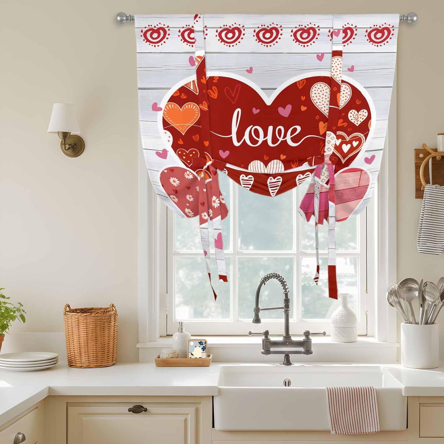 Gray Wood Valentines Day Tie Up Curtains for Window, Love Hearts Romantic Farmhouse Thermal Insulated Balloon Shade Adjustable Rod Pocket Curtains Valance Panels for Kitchen Bathroom Café 52'' x 45''