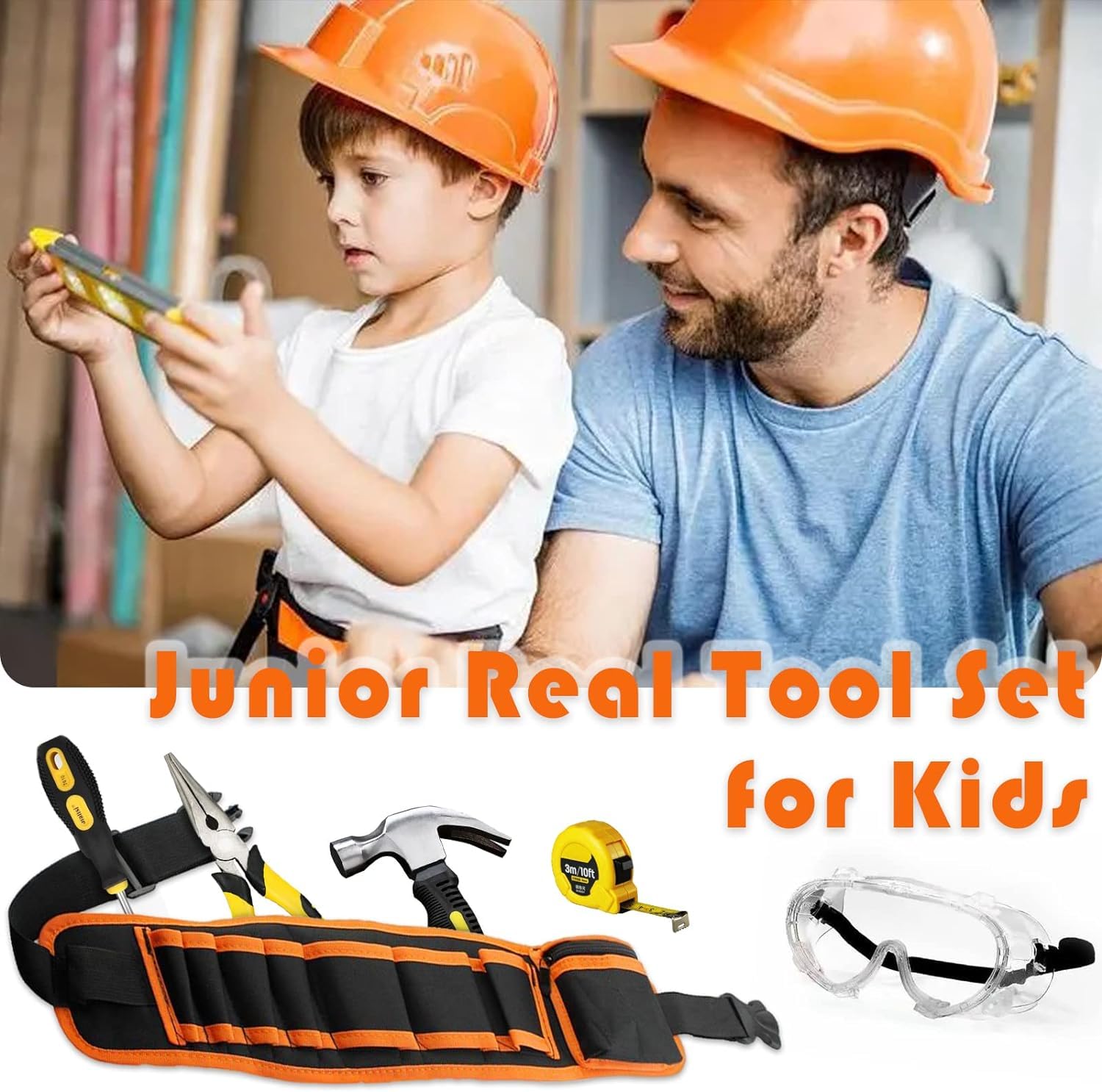 Kit de Démarrage Vrais Outils pour Enfants ,Garçon Ensemble Vrais Outils à Main en Métal ,avec Ceinture à Outils, Boîte Marteau ,Tournevis, Outils de Menuiserie de Bricolage pour Garçons