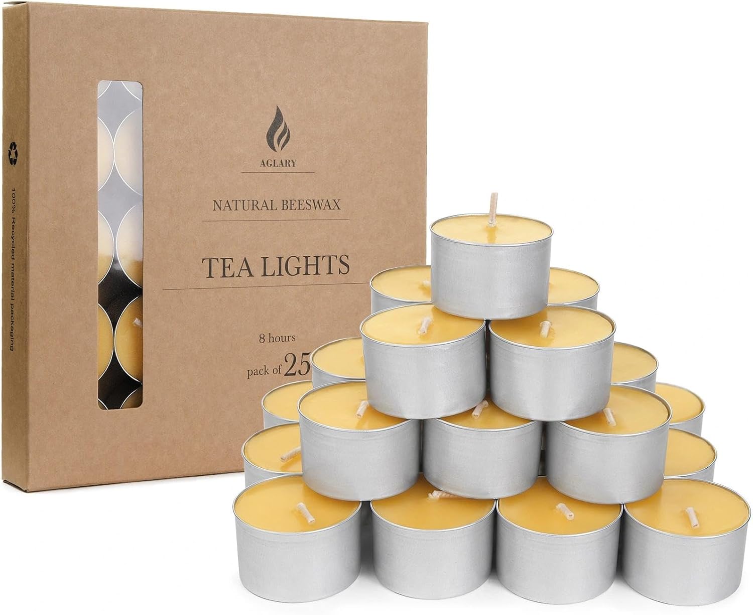 25-Pack Pure Beeswax Tealight Candles, Aluminum Cups, Approx. 6H Burn