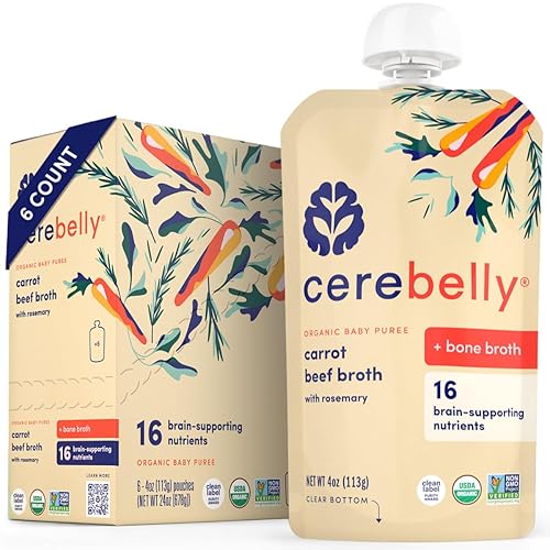 Cerebelly Bolsas de comida para bebés Caldo de hueso de carne de zanahoria + romero (6 unidades) Snacks saludables para niños Purés orgánicos de
