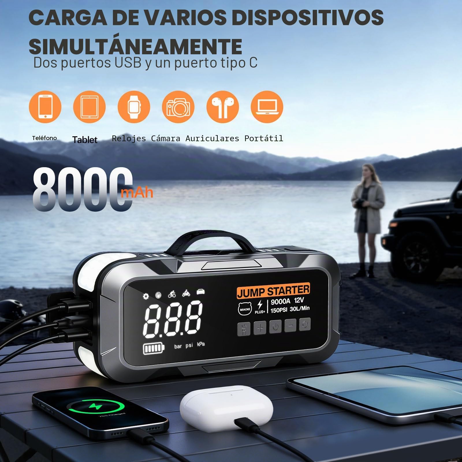 Paquete de potencia mejorado de arranque 9000A, 22 cilindros, tiempo de inflado rápido de 90 segundos, con iluminación LED, chip de IA, compresor de aire de 12 V, 150 PSI, para vehículos diésel