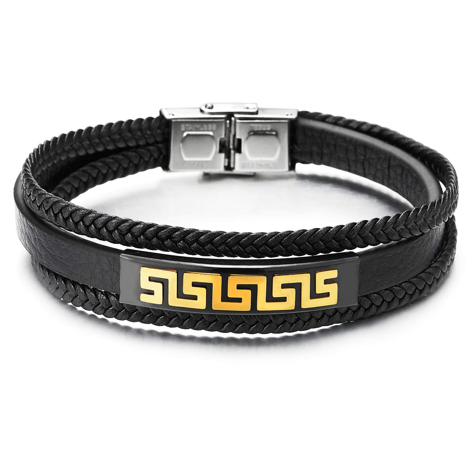 COOLSTEELANDBEYONDHombre Acero Negro Color Oro Modelo Dominante Griego ID Identificación Tres Hilos Negro Trenzado Cuero Pulsera Brazalete