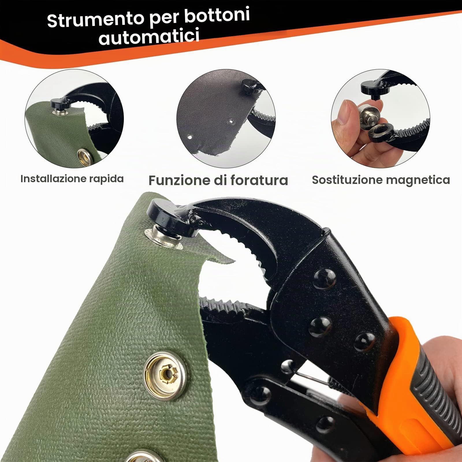 Pinze per Bottoni a Pressione Set, funzione di punzonatura, strumento pulsante a scatto con setter regolabile, strumento a scatto da 15 mm include 40 set di bottoni automatici marini