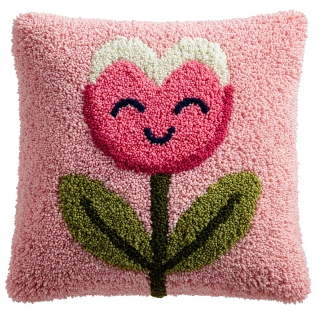 WallustrioaW Latch Hook Pillow Kit -Pink Tulip Embroidery Art Craft Kit - All Ages - Unisex - 43X43Cm