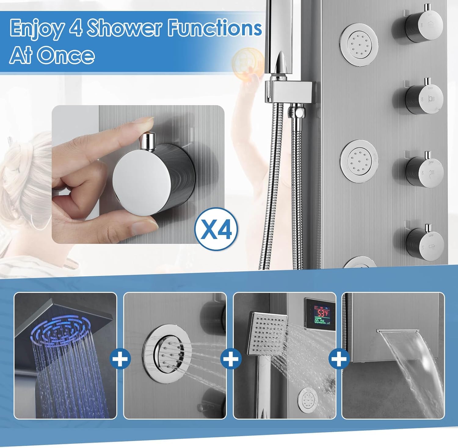 rovogo shower panel tower with rainfall shower, body jets, handheld and tub spout, no battery needed led lights and temp display, unibody shower column 304 stainless steel, brushed brushed-4 modes
