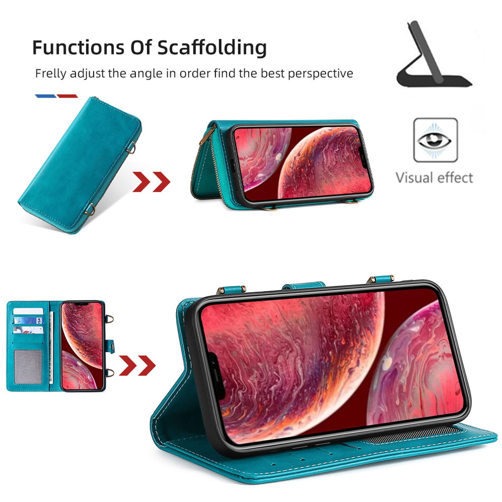 Etui do iPhone 14 / 14 Pro / 14 Plus / 14 Pro Max, z klapką, zamek błyskawiczny, etui na telefon komórkowy, przegródka na karty, magnetyczne, odporne na zarysowania, niebieskie, 35,5 cm (6,1")