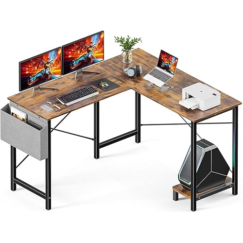 DUMOS L Shaped Desk Computer Gaming Corner Table 50 Inch Home Office Writing Student Work PC Workstation with Side Storage Bag CPU Stand for Bedroom Small Spaces