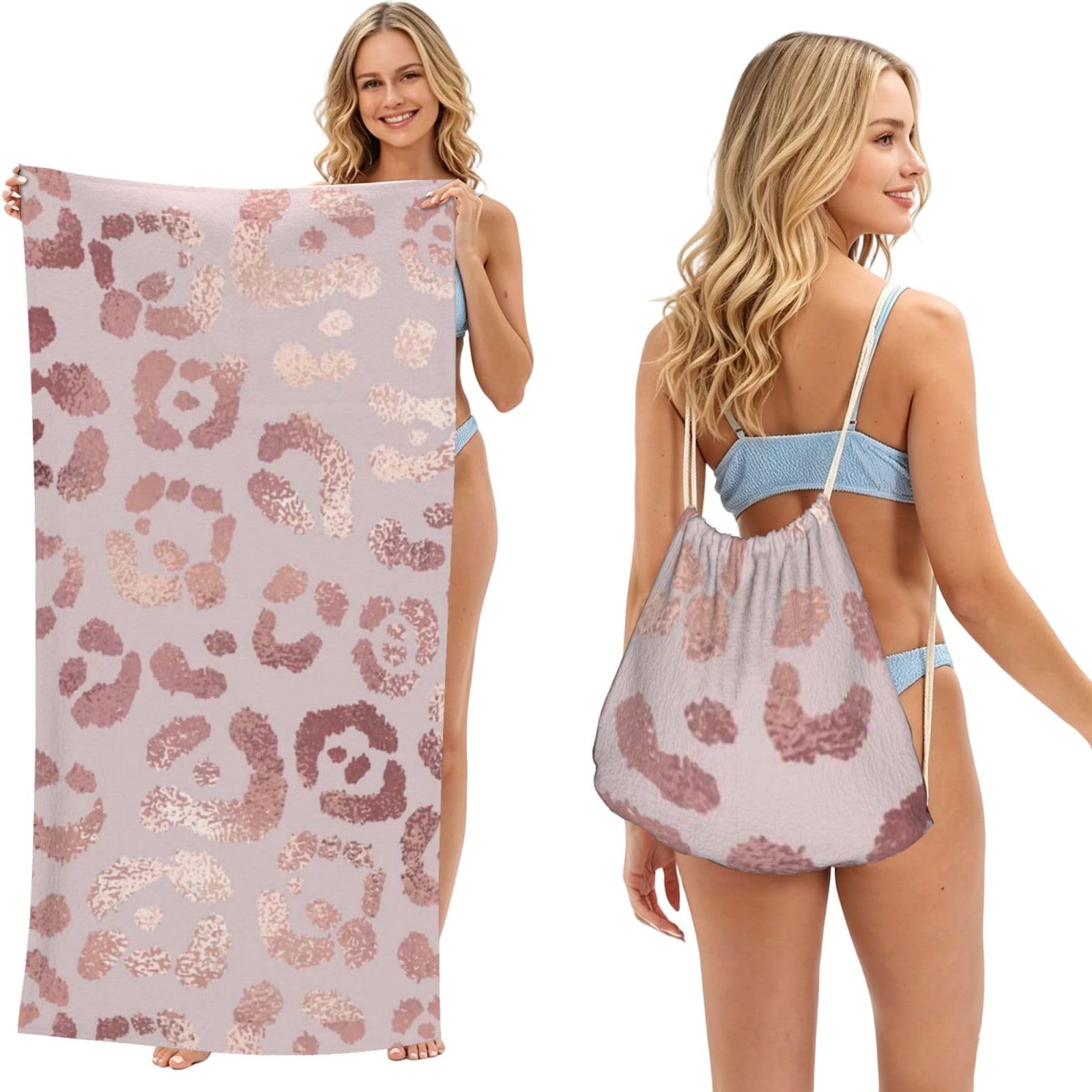 Poadnly As Picture Leopard Print Cheetah Rose Gold, 2 In 1 Packable Towel Bag, Beach Towels With Drawstring Backpack For Travel Holiday Camping