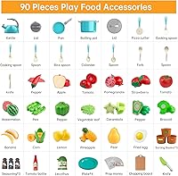 Vista 3 de Juego de 90 accesorios de cocina, cocina de simulación con ollas, sartenes, utensilios de cocina, alimentos, frutas, verduras, cestas