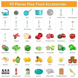 90Pcs Kitchen Playset Accessories, Pretend Cooking with Pots, Pans, Cookware, Food, Fruit, Veges, Color Sorting Baskets, Prop Money, Learning Gift for Girls Boys Toddlers (Turquoise)