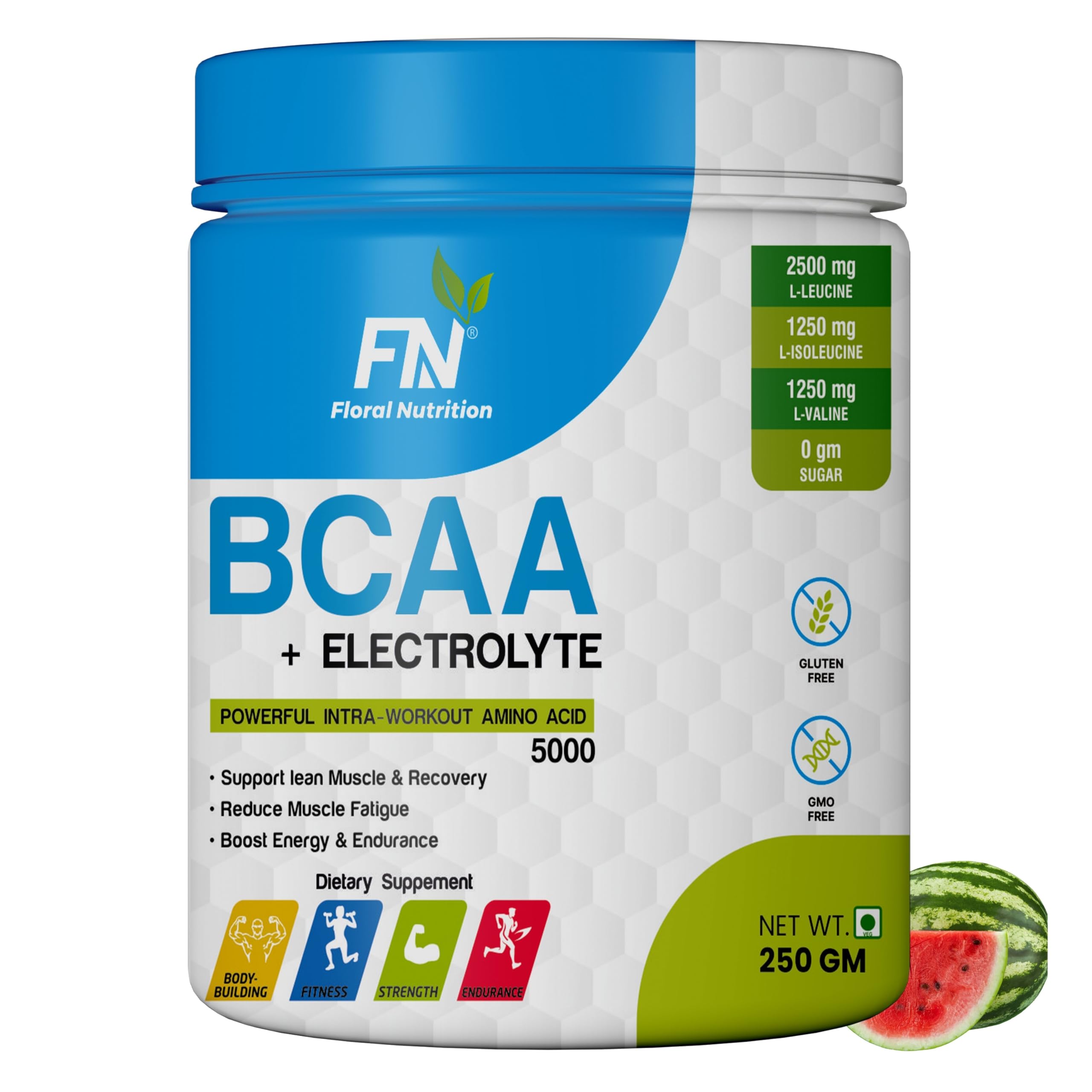 Floral Nutrition BCAA 2:1:1 intra workout supplement with Amino Acid Powder Pre/Post Workout, Muscle Growth & Recovery -250gm Watermelon Flavor